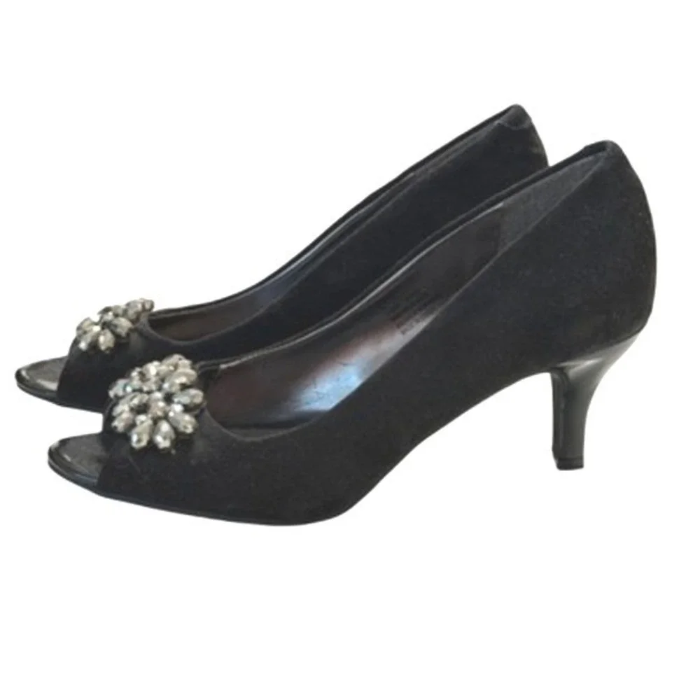 Karen Scott Maralyn Rhinestone Peep‎ Toe Kitten Heel Black Womens 6